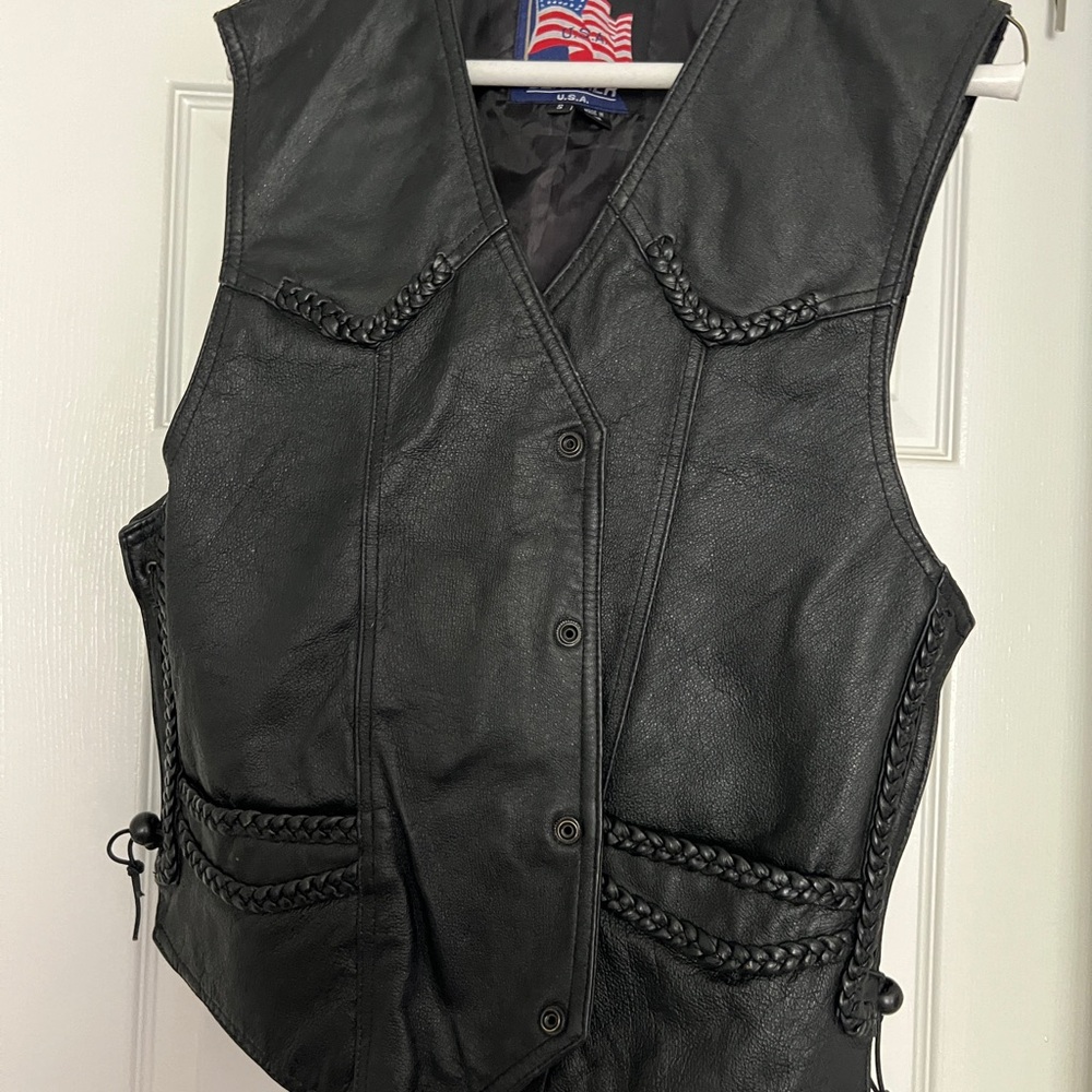 Black Leather Vest with Braided Trim and Adjustable Fit